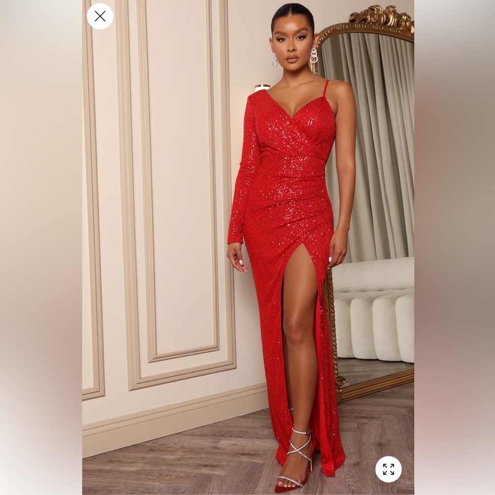 Fashion Nova Red Sequin One-Shoulder Slit Maxi Dress